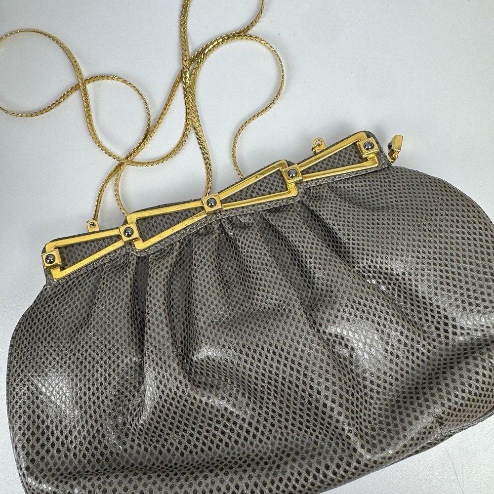 Vtg Ashneil 80s Gray Reptile Embossed Chain Shoulder Bag Purse Hong Kong - Picture 10 of 13